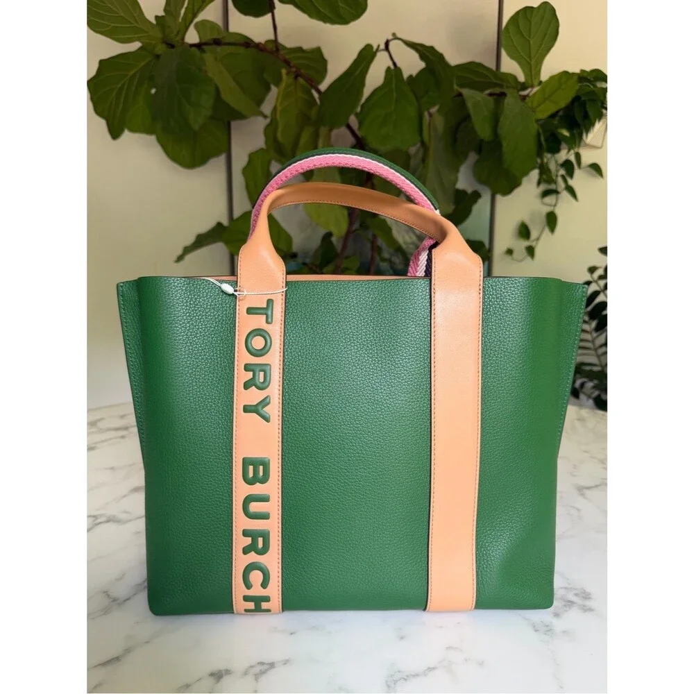 NWT Tory Burch Perry Multi Stripe Leather Triple Compartment Tote Arugula Green